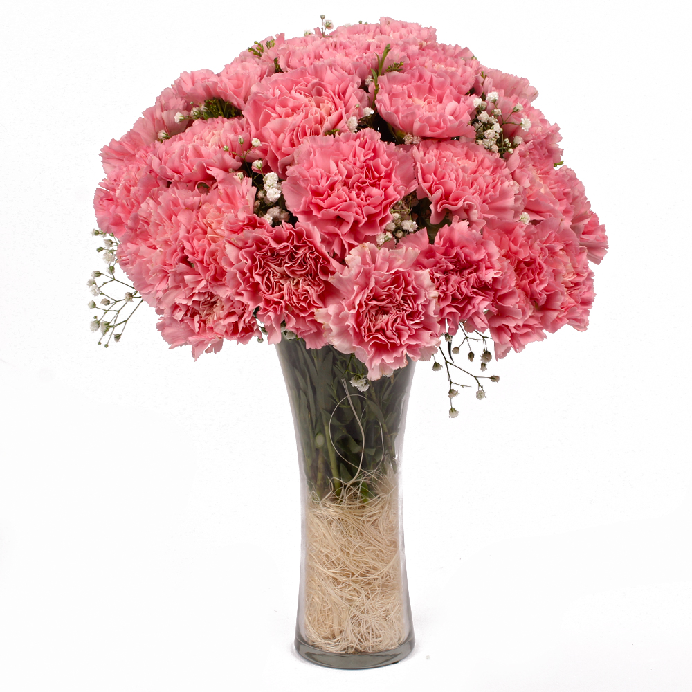 Twenty Pink Carnations in Glass Vase