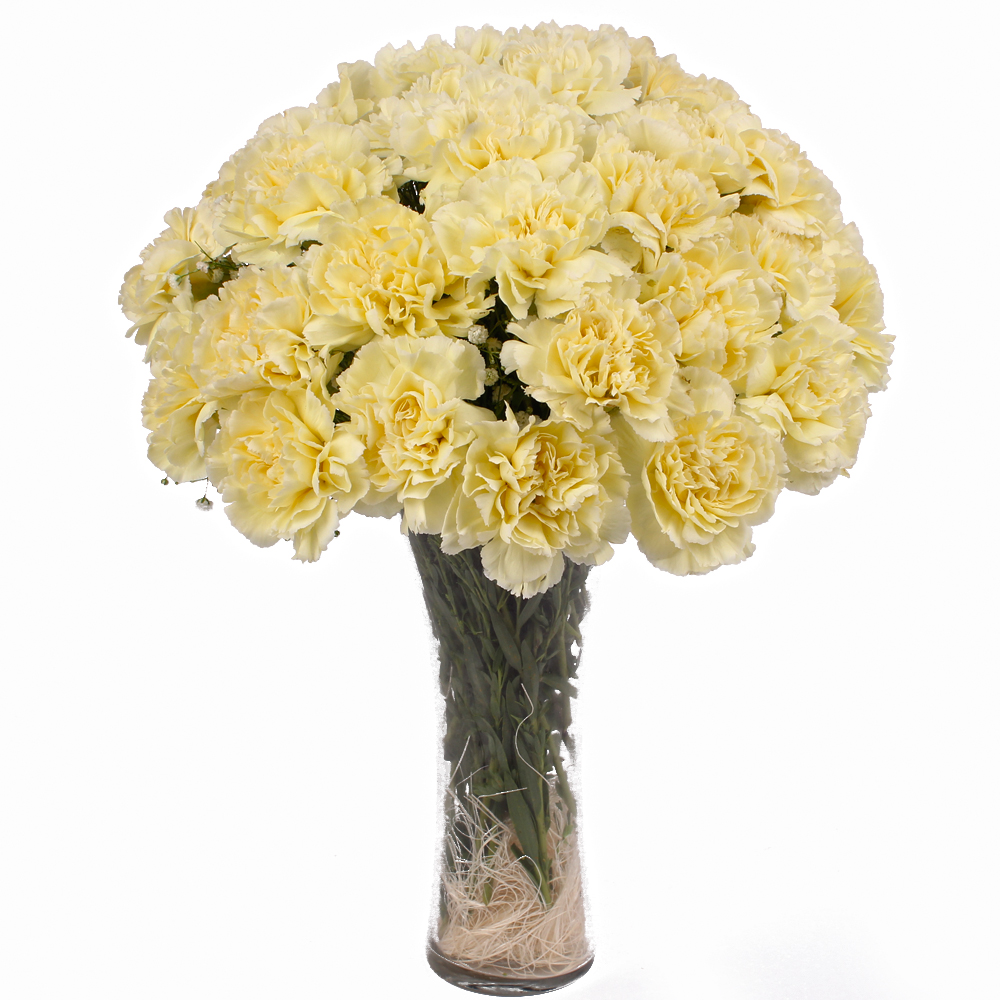Glass Vase Containing 25 Yellow Carnations