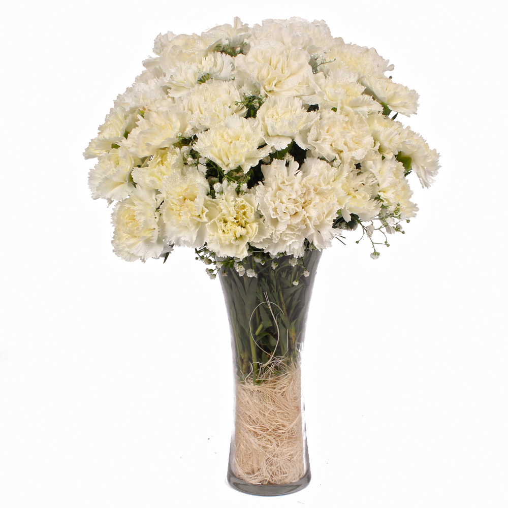 Glass Vase Containing 25 White Color Carnations