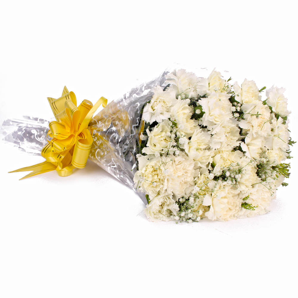 Twenty Four White Carnations Hand Tied Bouquet