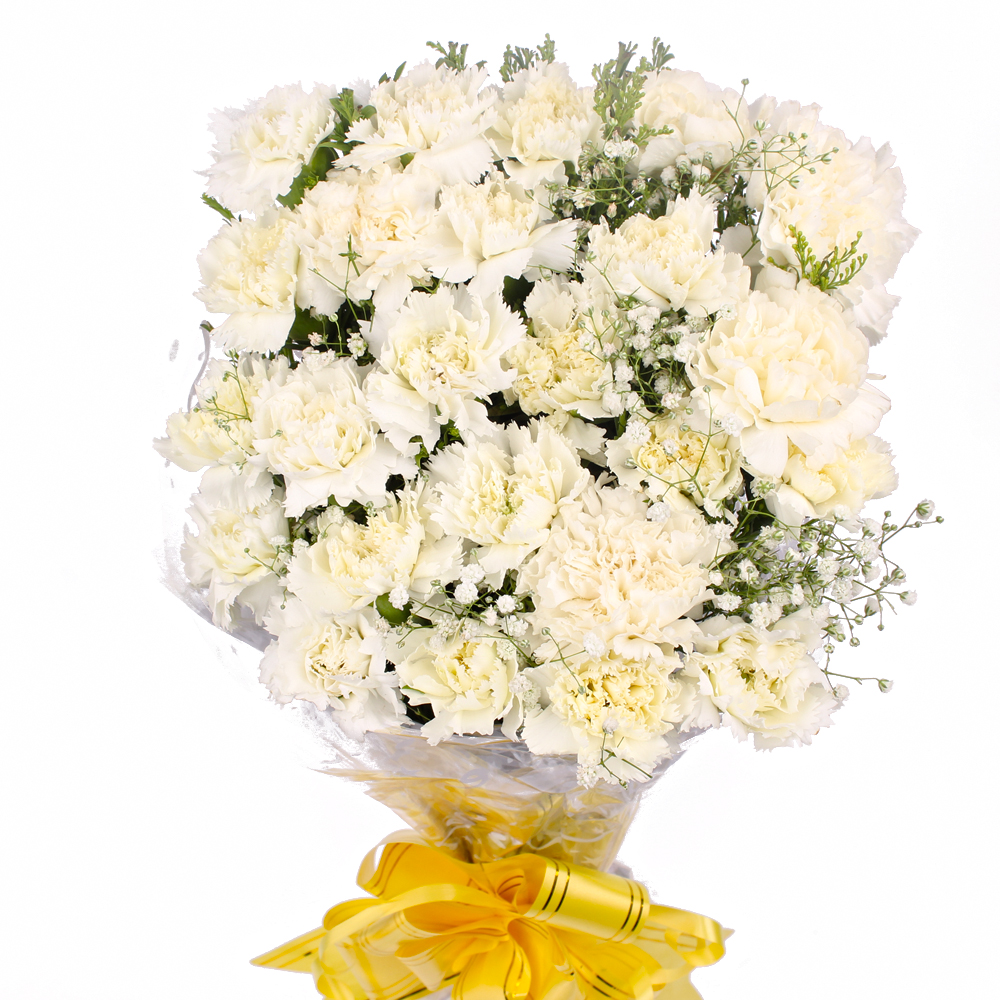 Twenty Four White Carnations Hand Tied Bouquet