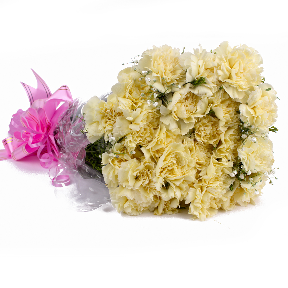 Twenty Yellow Carnations in Cellophane Wrapped