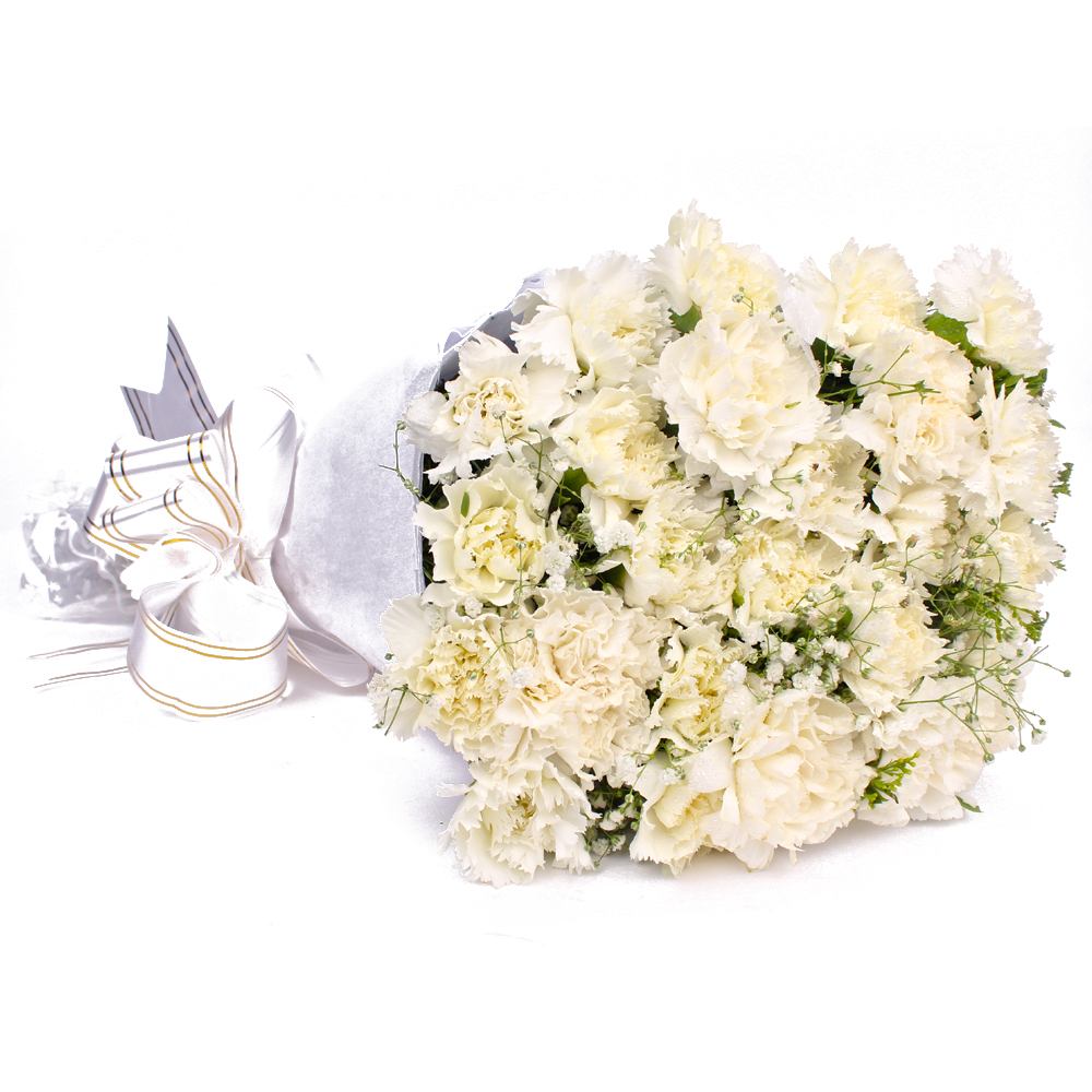 Twenty White Carnations with Tissue Wrapping
