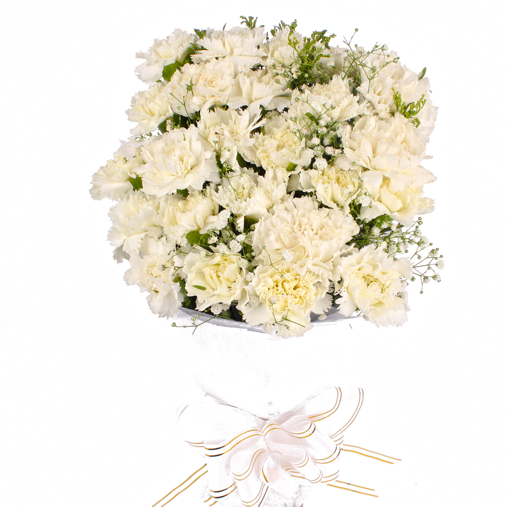 Twenty White Carnations with Tissue Wrapping