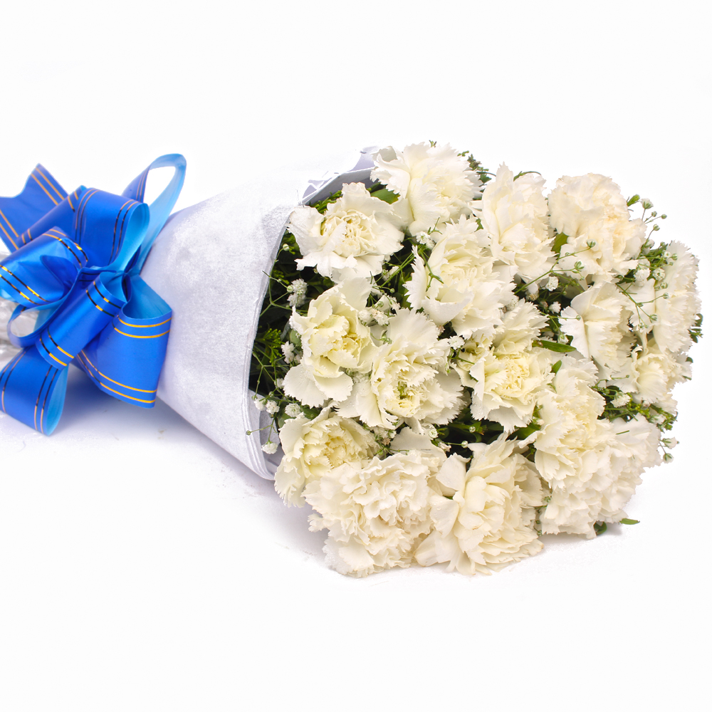 Fifteen White Carnations Tissue Wrapped