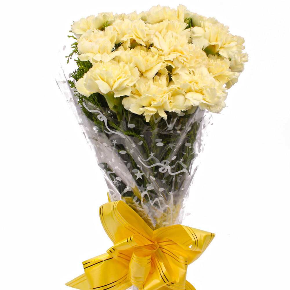 Fifteen Yellow Carnations in Hand Tied Bunch