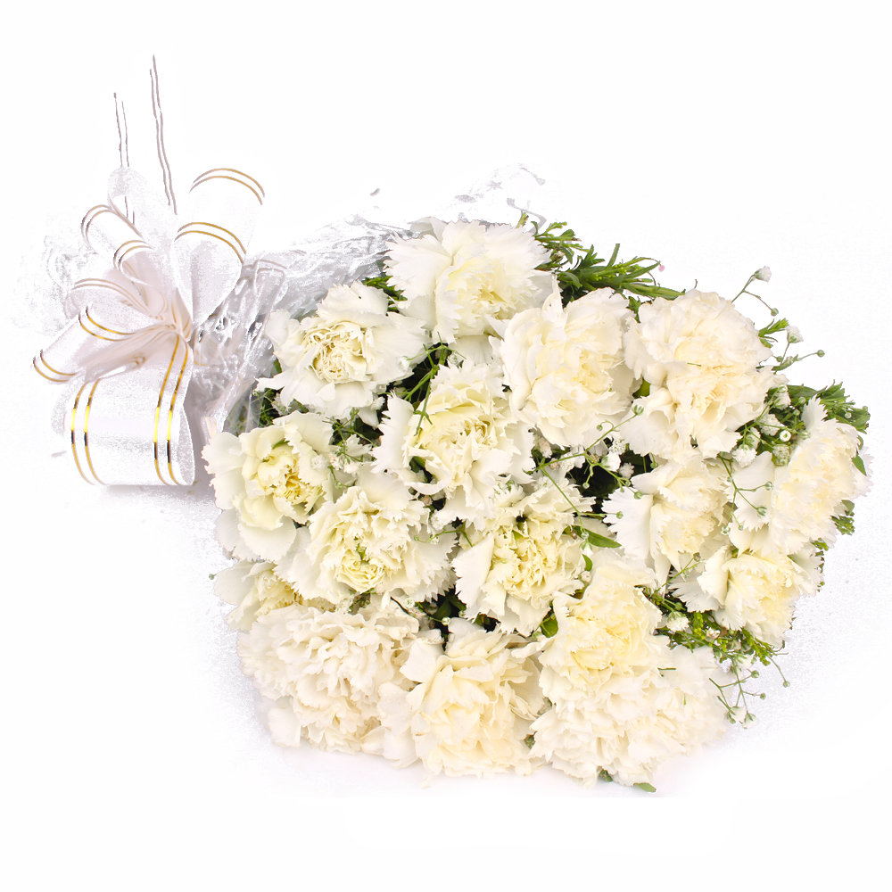 Sixteen White Carnations Cellophane Wrapped