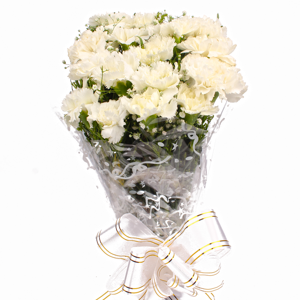 Sixteen White Carnations Cellophane Wrapped
