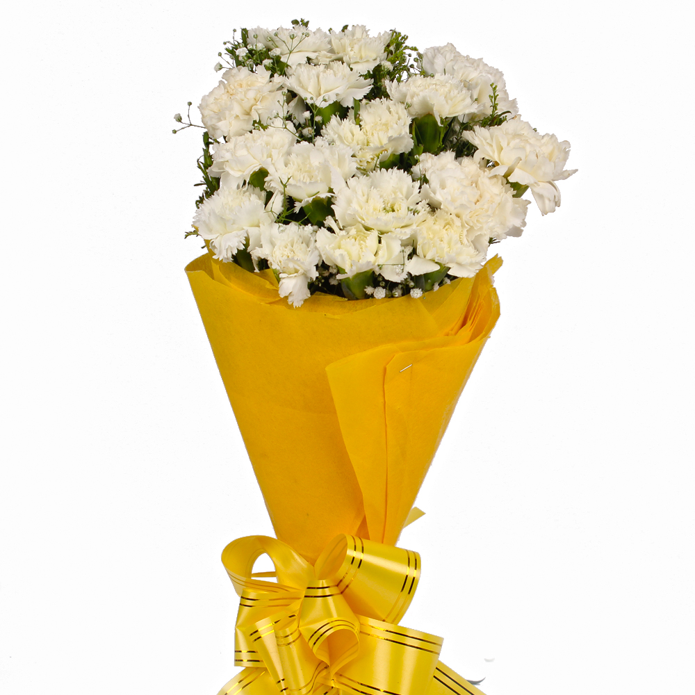 Stylish Bouquet of 15 White Carnations