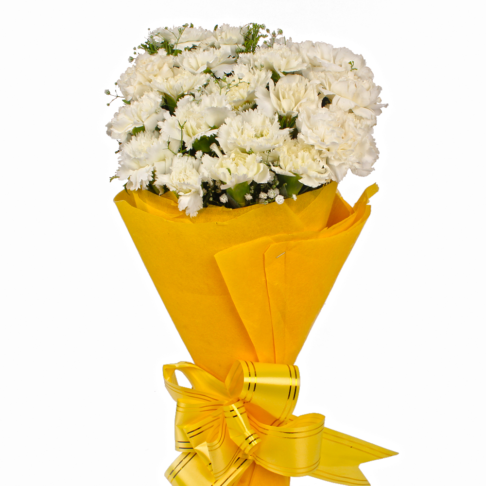 Twenty Five White Carnations in Tissue Packing