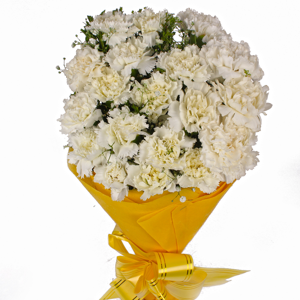 Twenty Five White Carnations in Tissue Packing