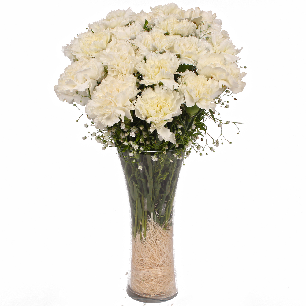 Fifteen Stems of White Carnations in a Vase