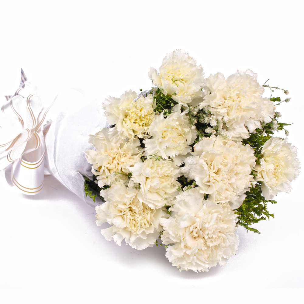 Ten Grizzled White Carnations in Tissue Wrapped
