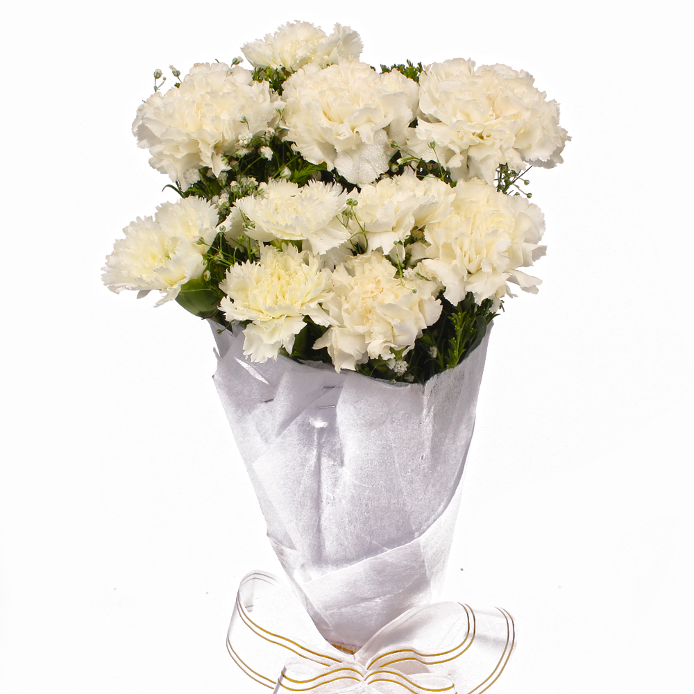 Ten Grizzled White Carnations in Tissue Wrapped