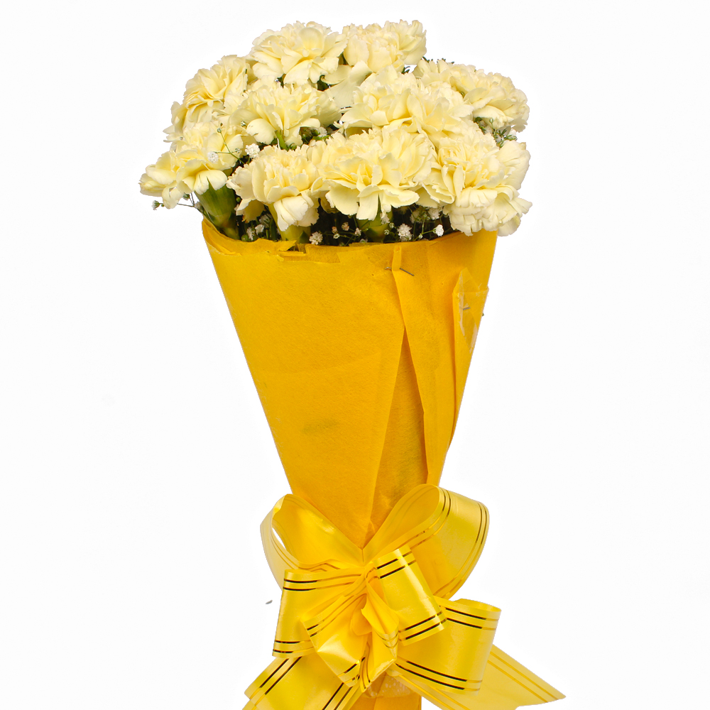 Bunch of 10 Yellow Carnations in Tissue Packed