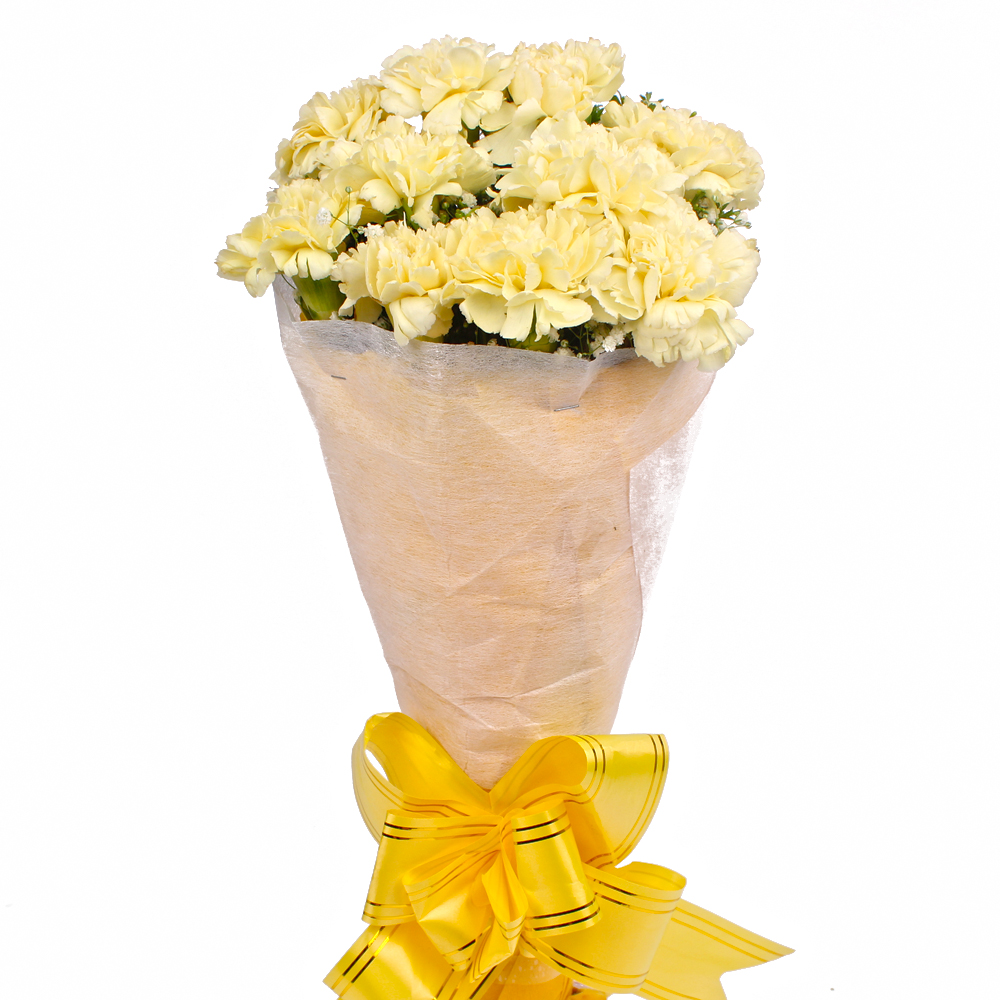 Bouquet of 10 Yellow Carnations Tissue Wrapped