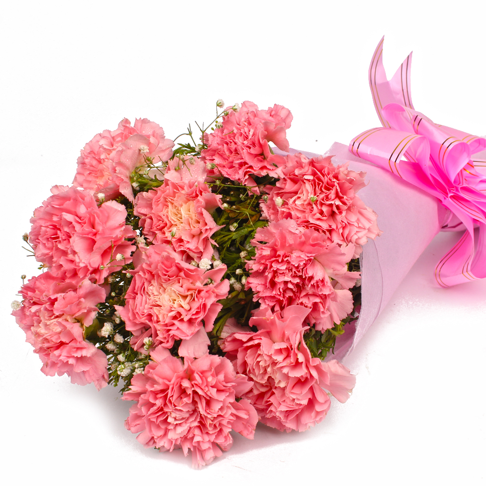 Bunch of 10 Pink Carnations in Tissue Wrapped