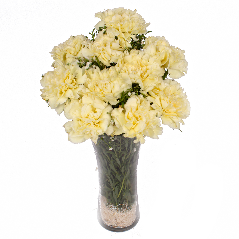 Simple Vase of Ten Yellow Carnations