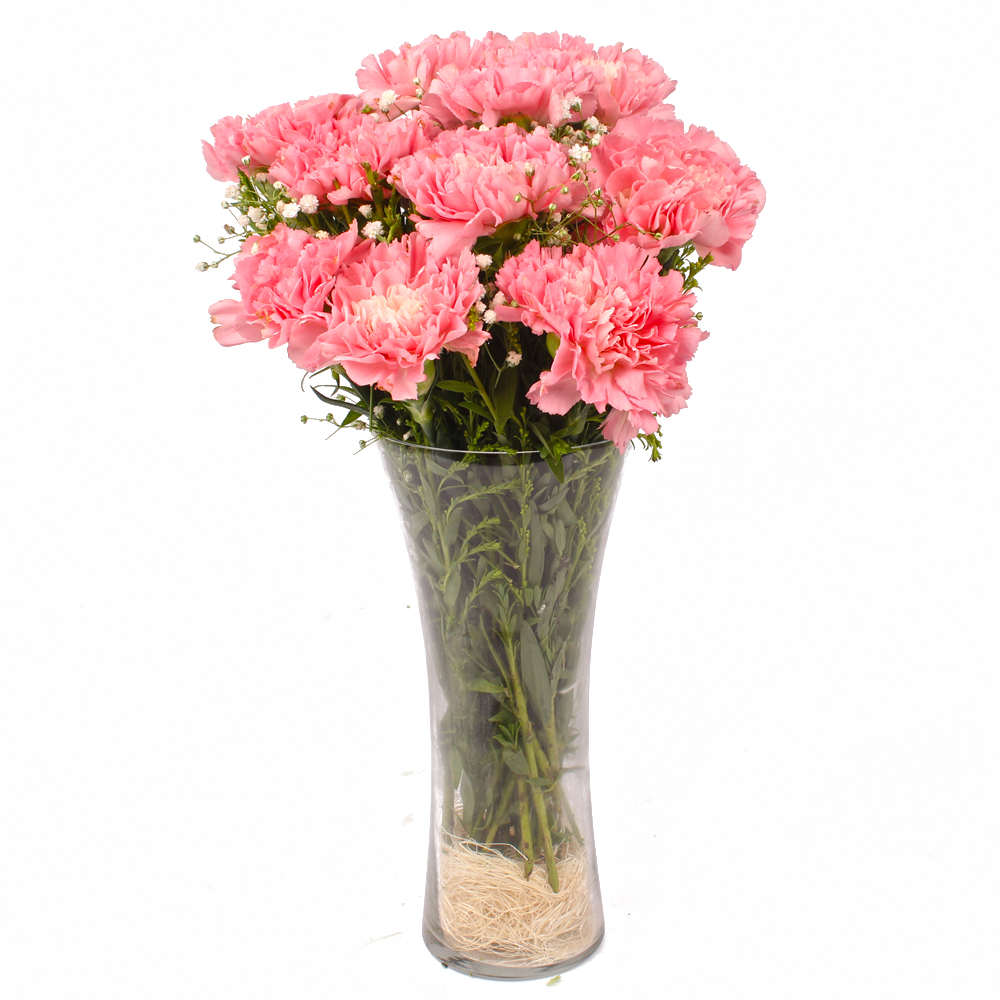 Glass Vase of Ten Baby Pink Carnations