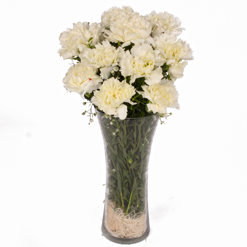 Glass Vase of Ten Bright White Carnations