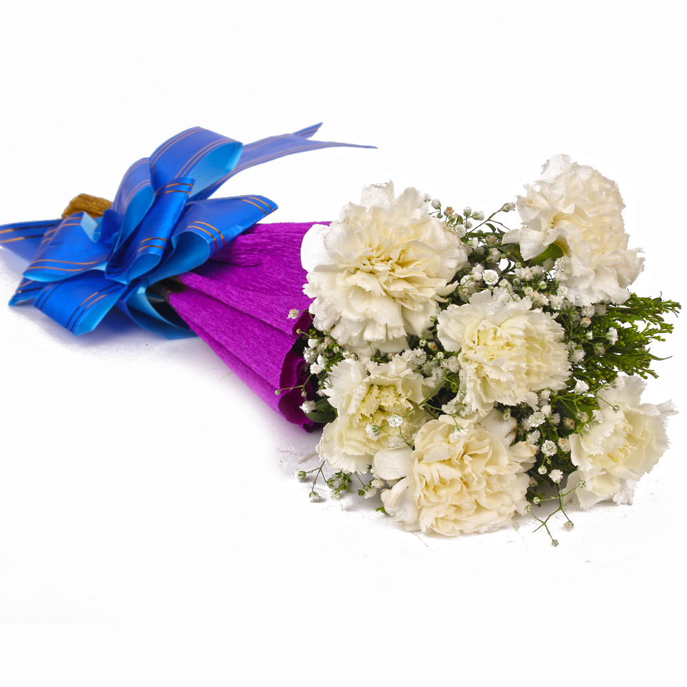 Six White Carnations Bouquet Tissue Wrapped