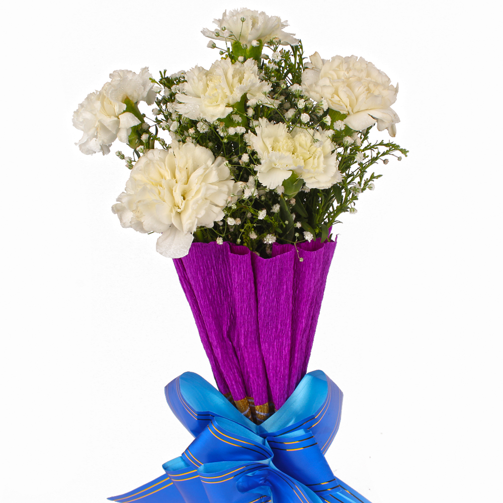 Six White Carnations Bouquet Tissue Wrapped