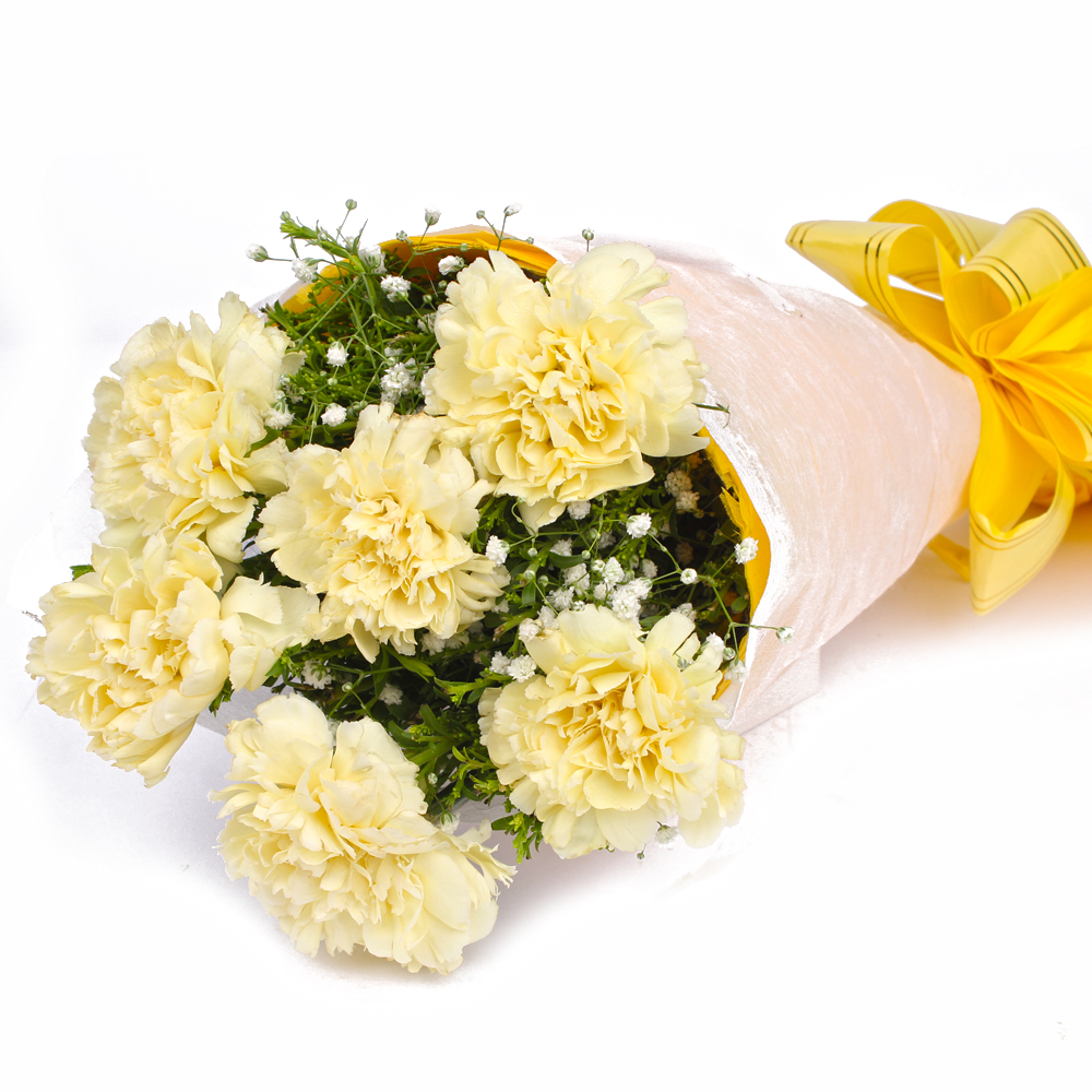 Fresh 6 Yellow Carnations in Tissue Wrapped