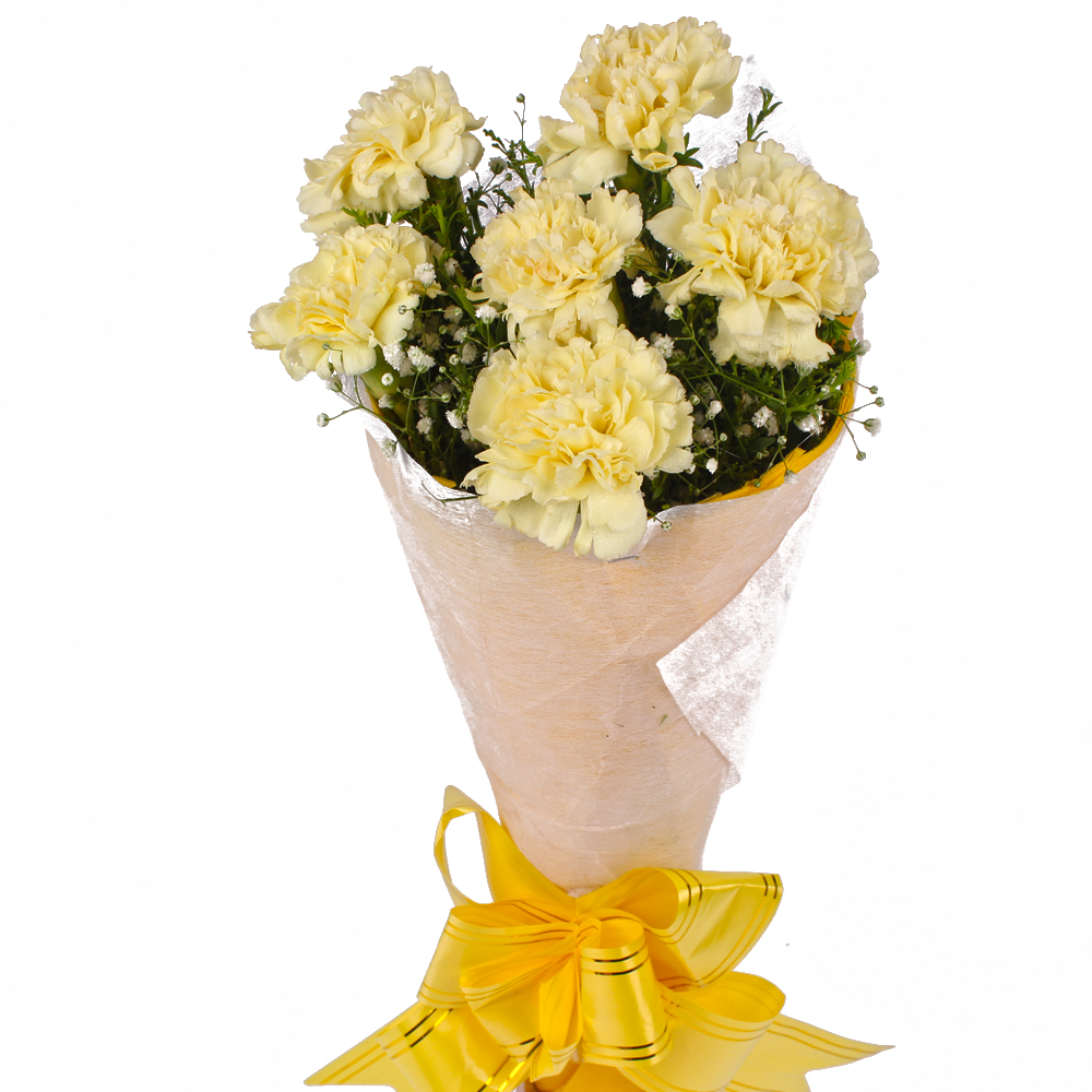 Fresh 6 Yellow Carnations in Tissue Wrapped