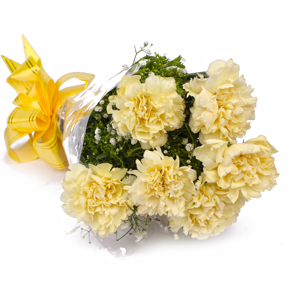 Fresh 6 Yellow Carnations in Cellophane Packing