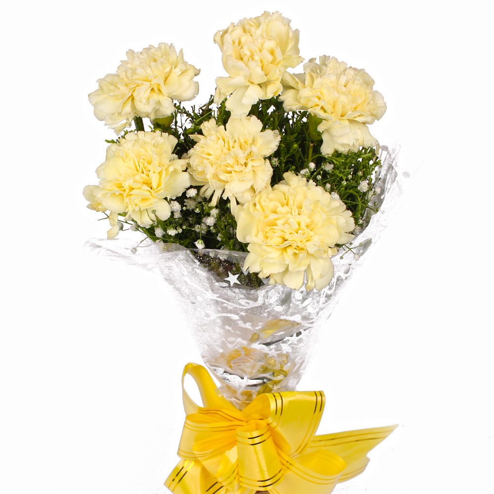Fresh 6 Yellow Carnations in Cellophane Packing