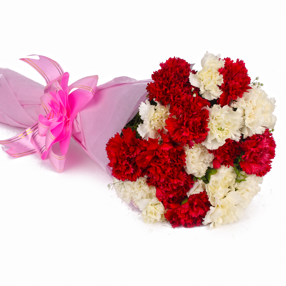 Twenty Red and White Carnations Bouquet Tissue Packing