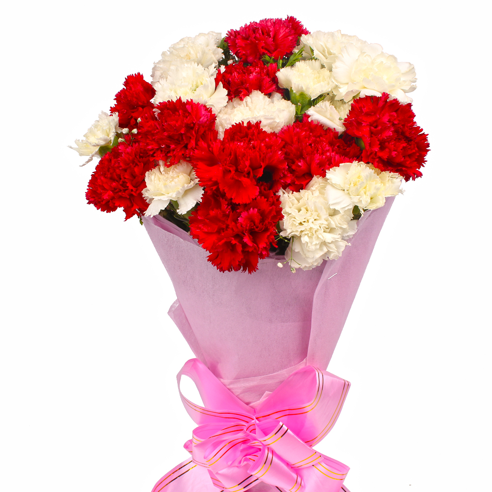 Twenty Red and White Carnations Bouquet Tissue Packing