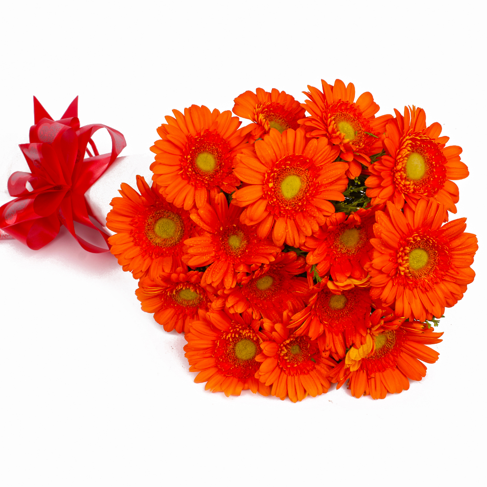 Bouquet of Fresh Fifteen Orange Gerberas Tissue Packed