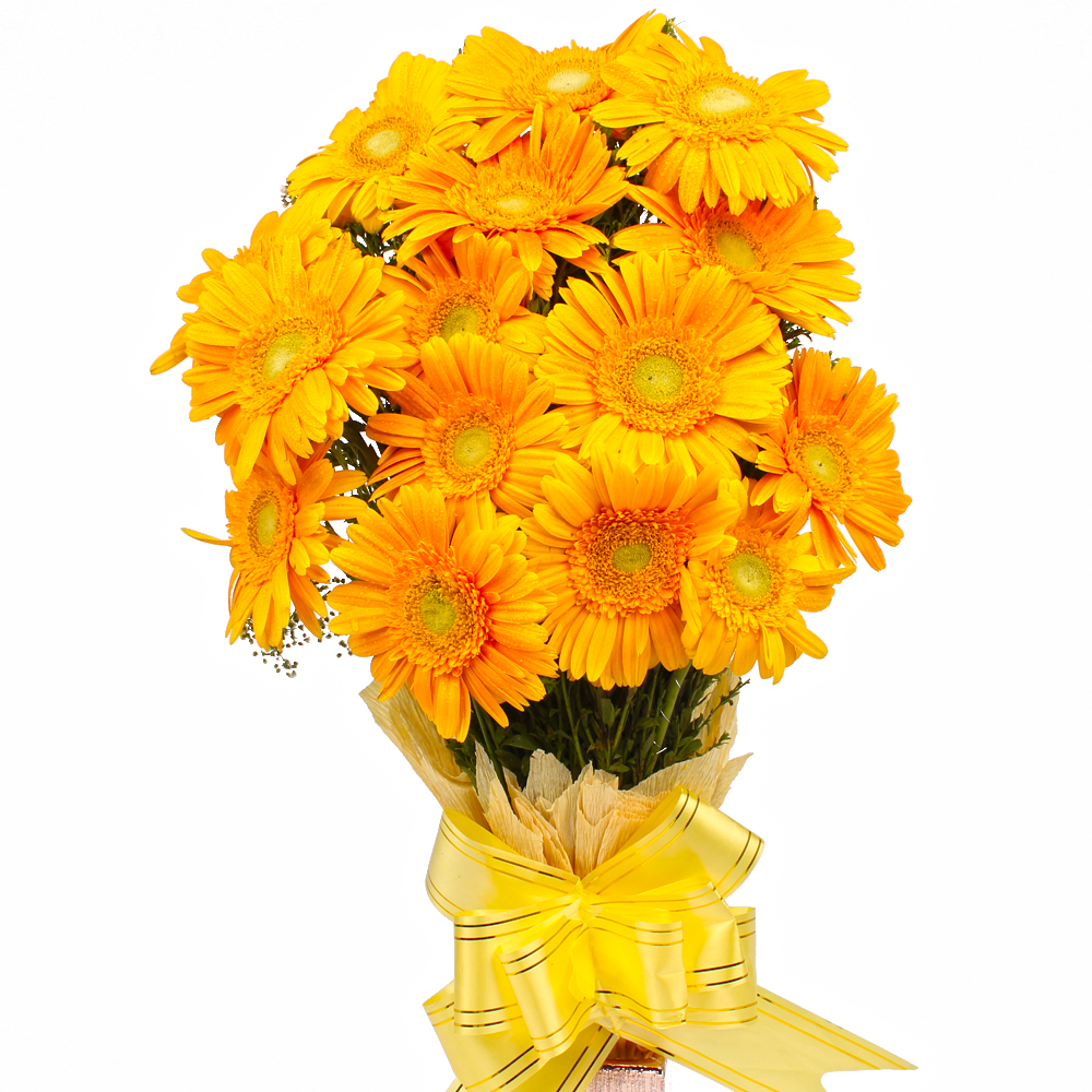 Bouquet of 15 Yellow Gerberas with Tissue Packing