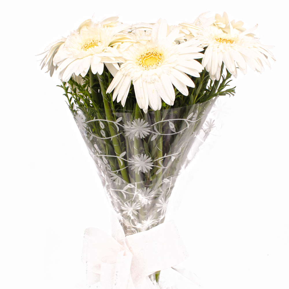 Ten White Gerberas Hand Tied Bouquet