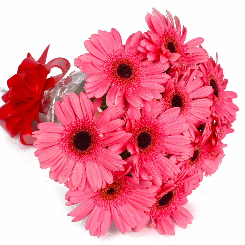 Send 10 Pink Gerberas Flowers Bouquet Online