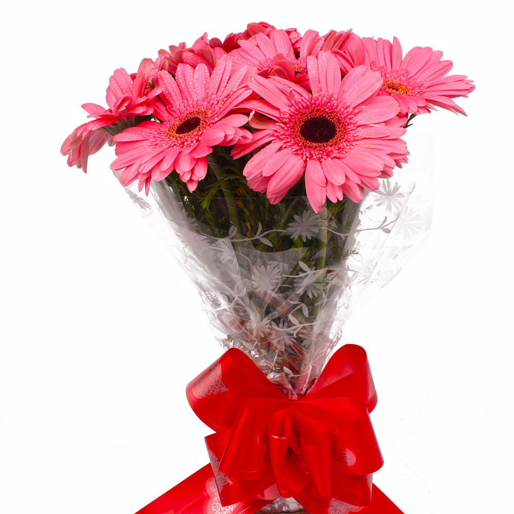 Send 10 Pink Gerberas Flowers Bouquet Online