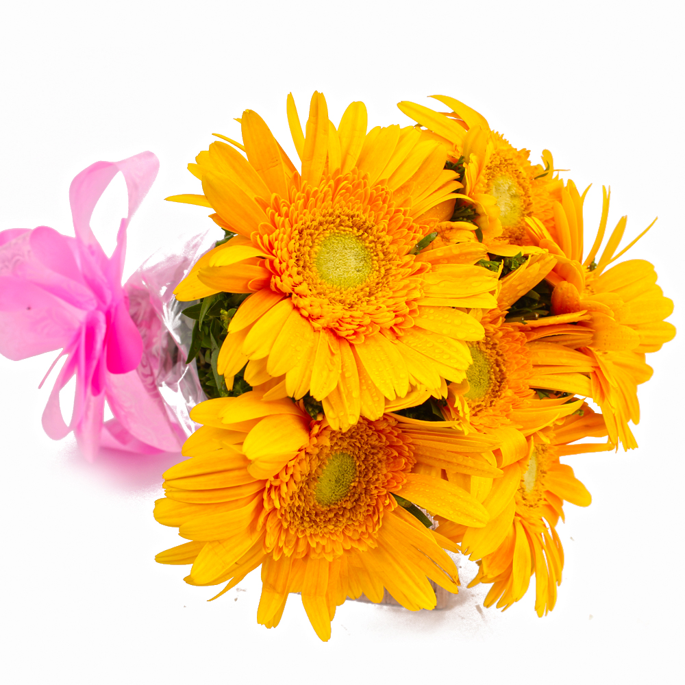 Six Yellow Gerberas Hand Tied Bunch