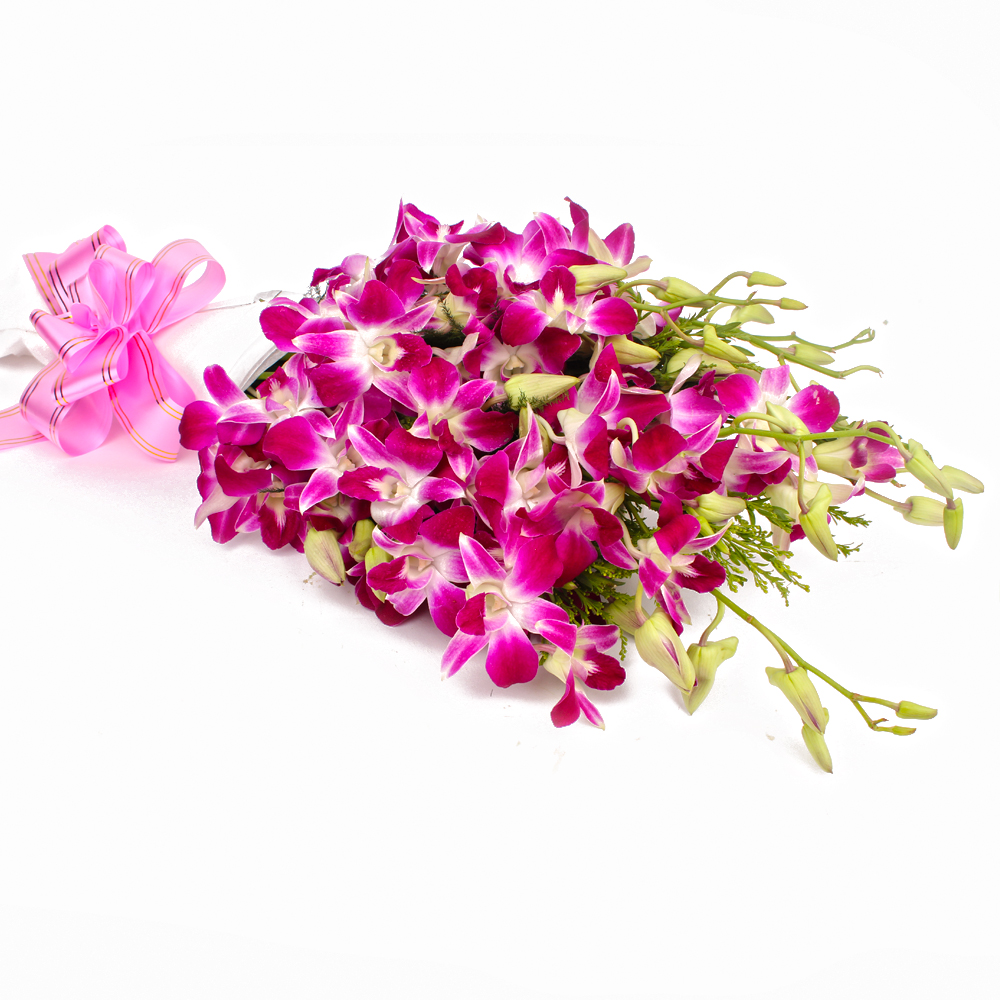 Exotic Bouquet of 10 Purple Orchids with Tissue Wrapping