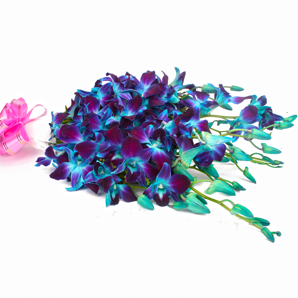 Bouquet of Ten Blue Orchids in Tissue Paper Wrapping