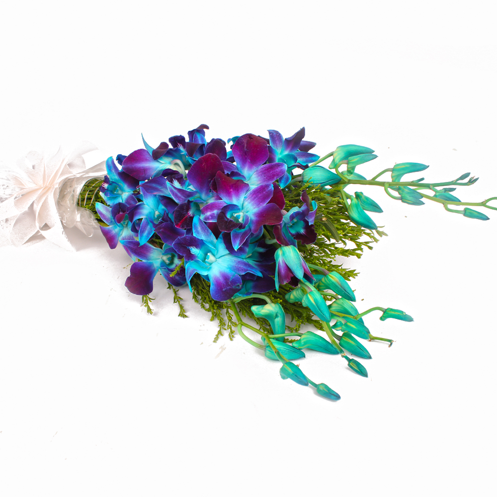 Bouquet of 6 Blue Orchids with Cellophane Wrapping