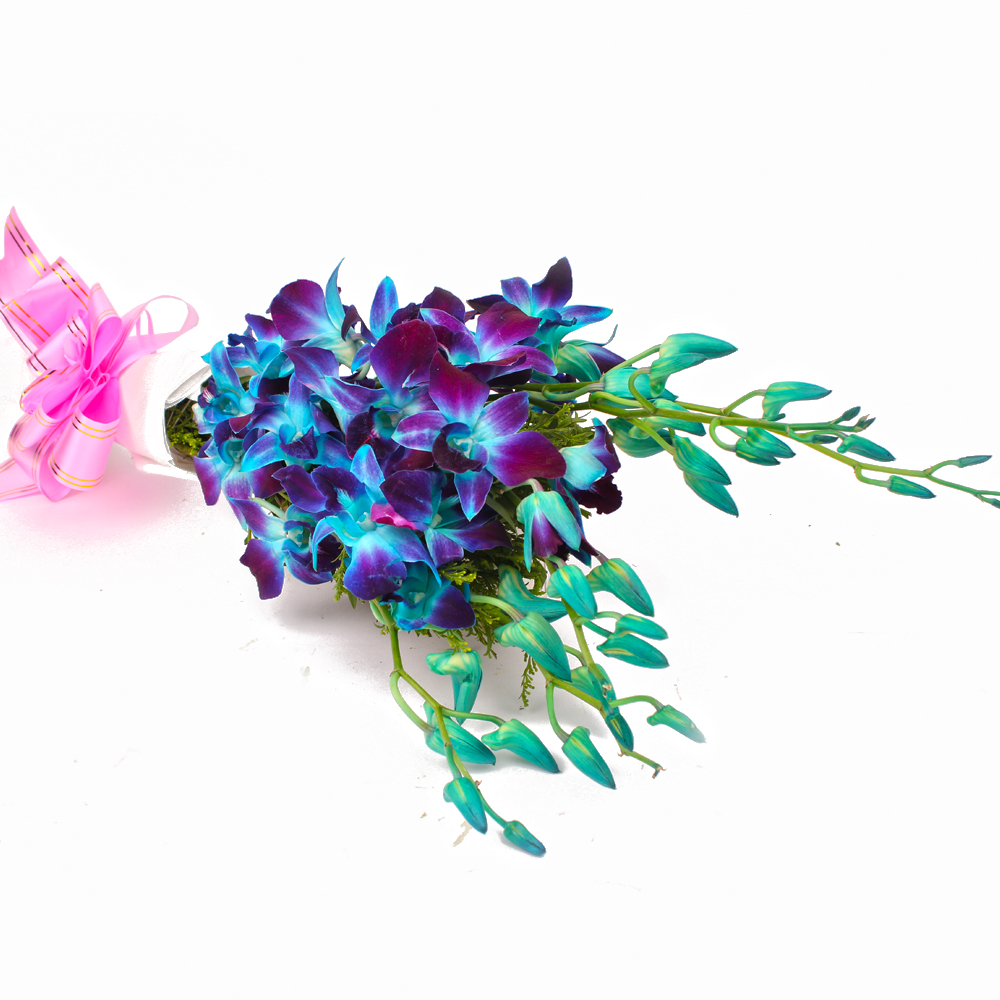 Bouquet of Six Blue Orchids Tissue Paper Wrapped
