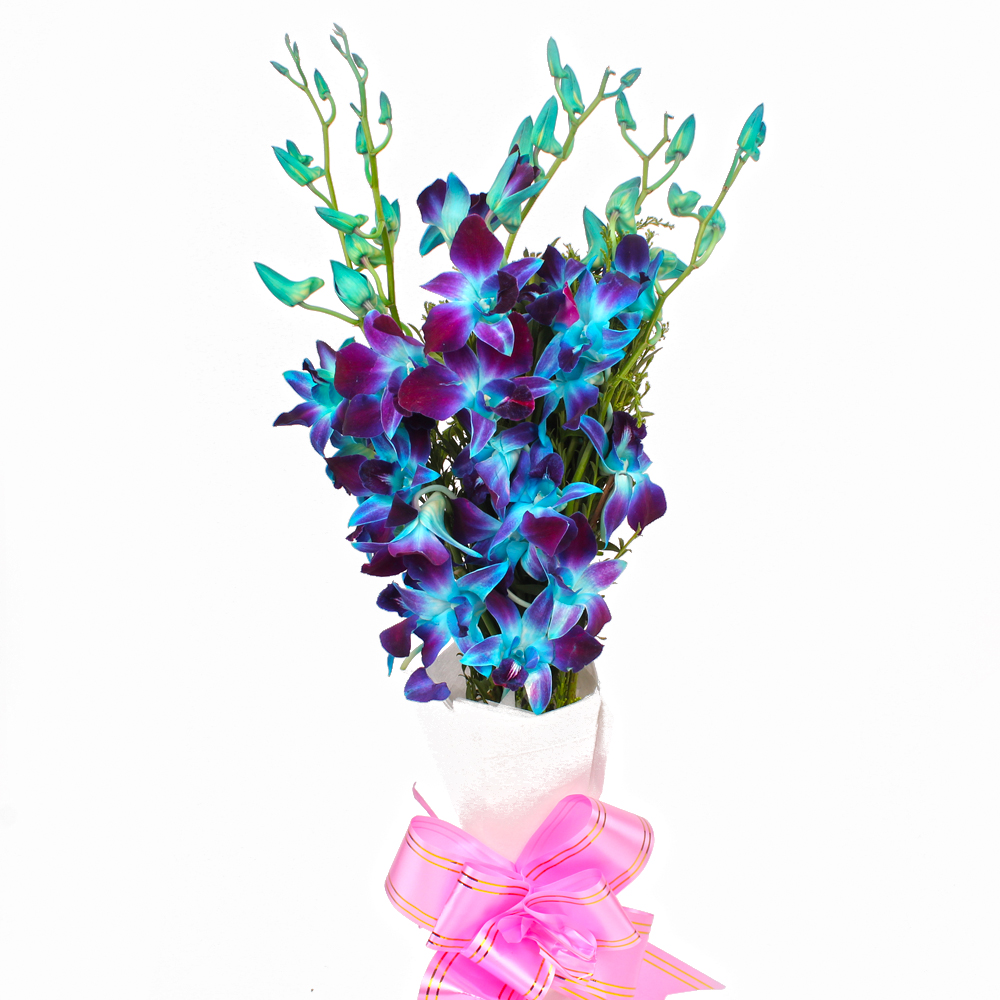 Bouquet of Six Blue Orchids Tissue Paper Wrapped