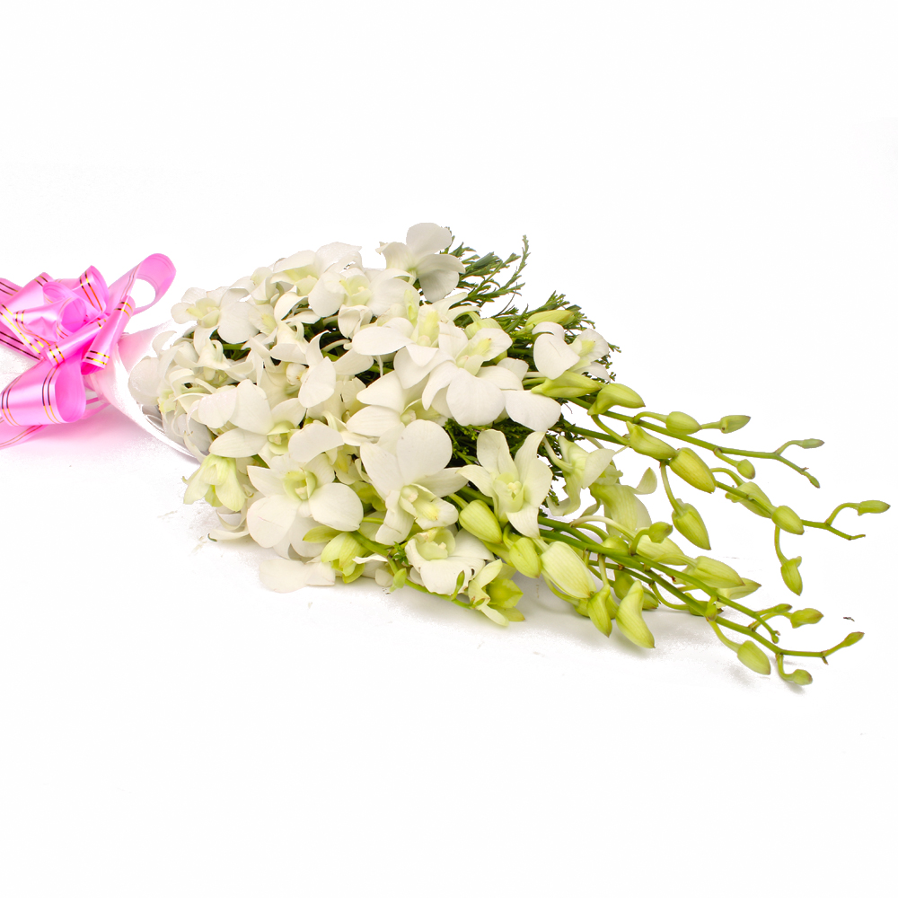 Bouquet of Six White Orchids Tissue Paper Packing