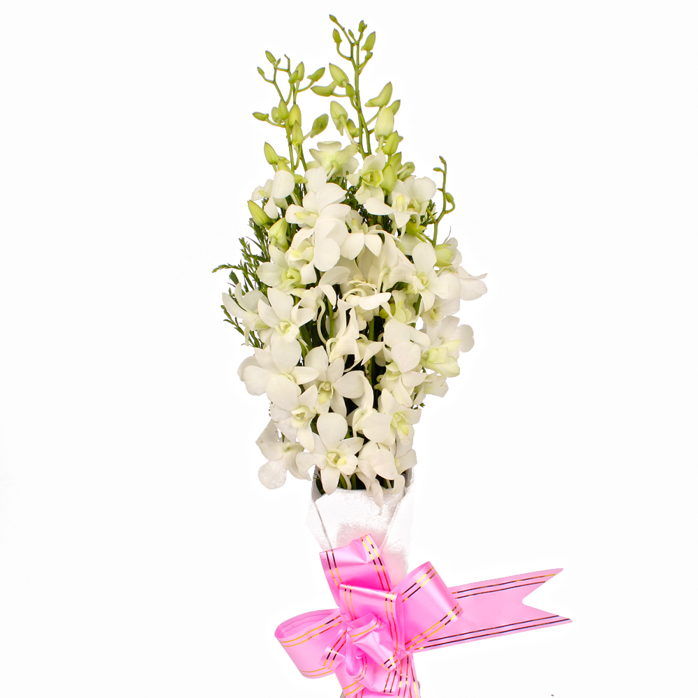 Bouquet of Six White Orchids Tissue Paper Packing