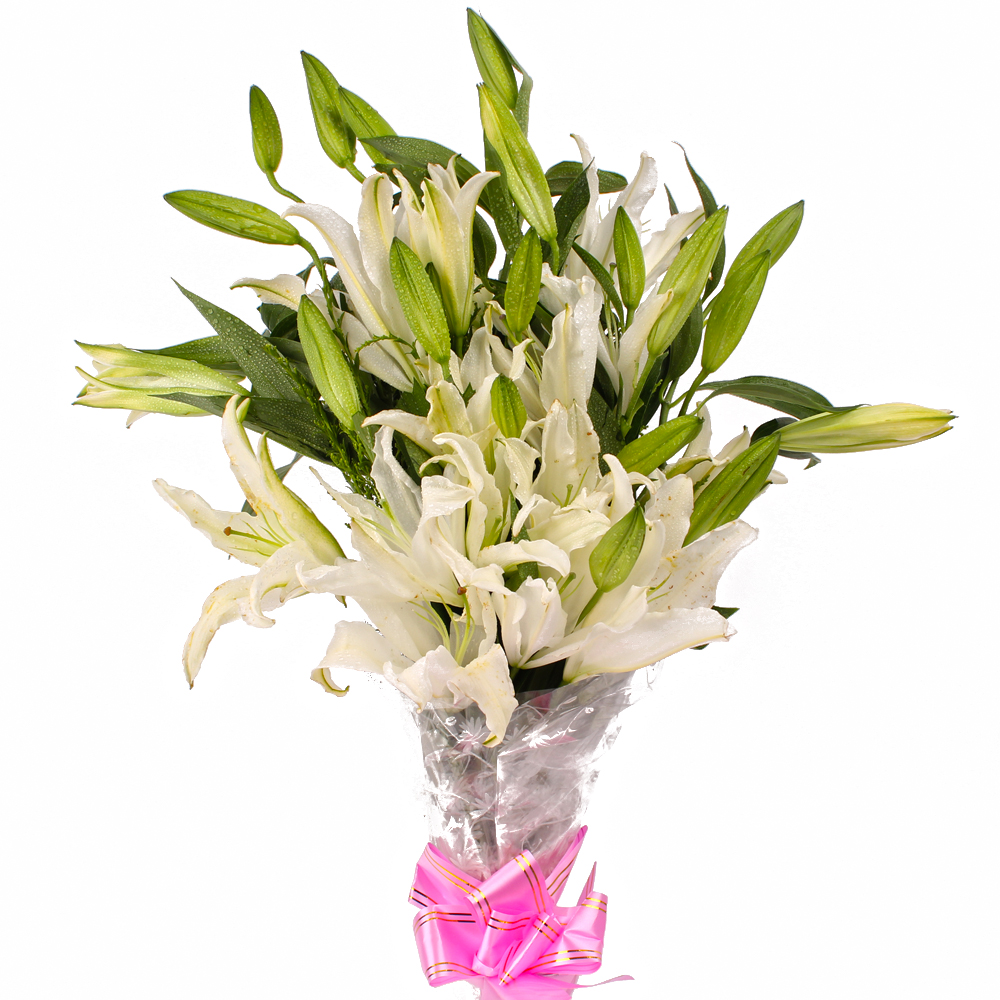 Dozen White Lilies Hand Bunch