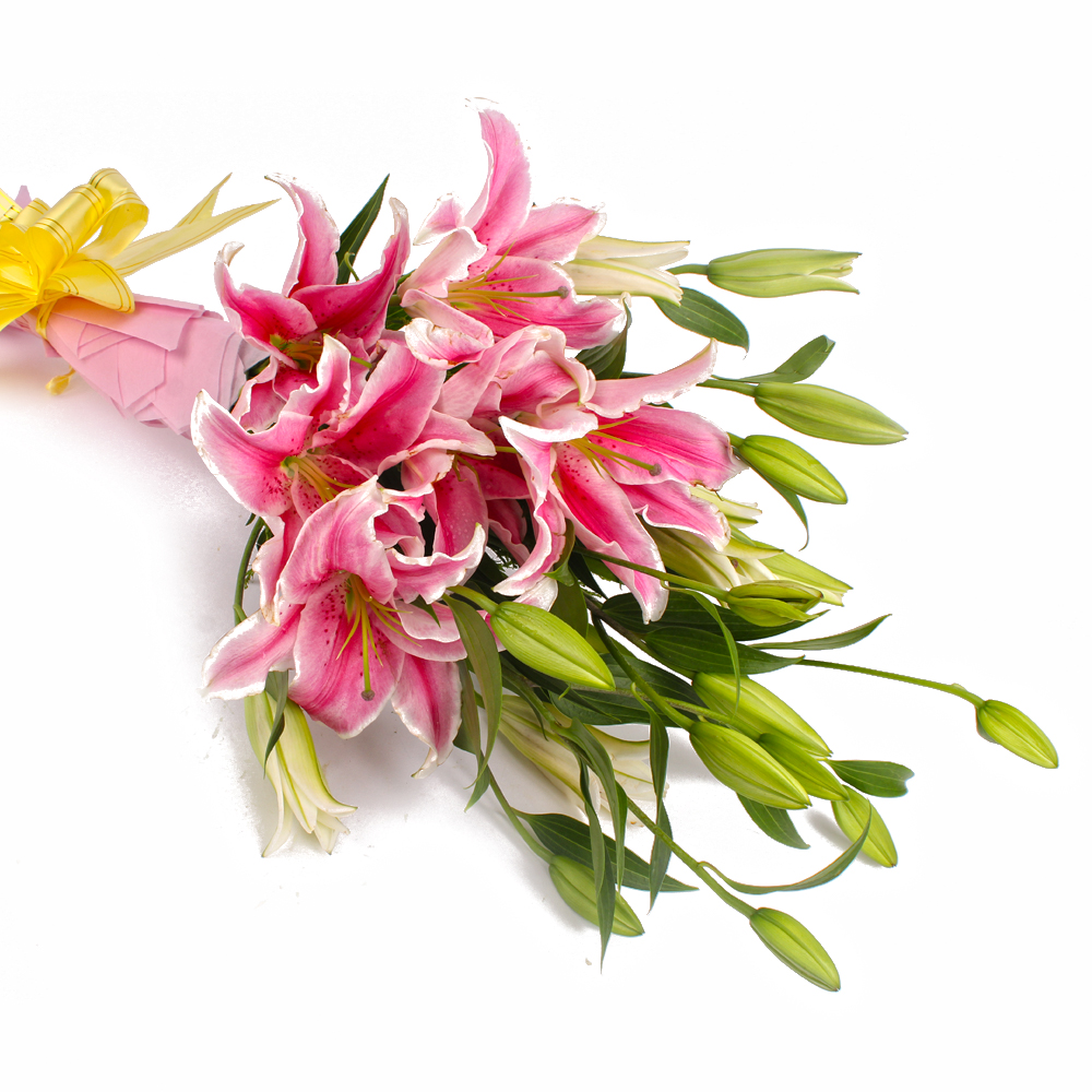 Six Stem of Pink Lilies in Tissue Wrapping