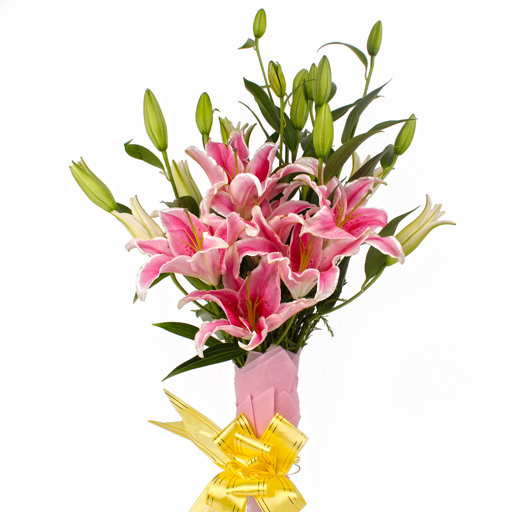 Six Stem of Pink Lilies in Tissue Wrapping