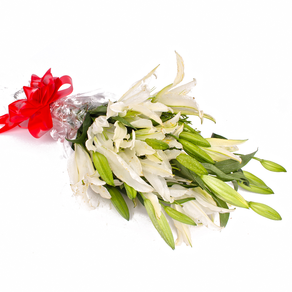 Five Stem of White Lilies in Cellophane Wrapping