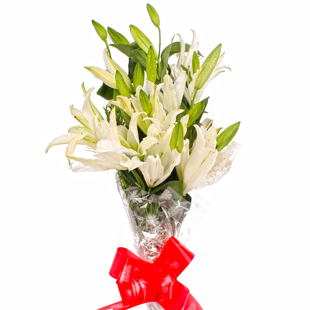 Five Stem of White Lilies in Cellophane Wrapping